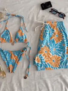Women Floral Bikini Set with Beach Shorts Sexy Triangle String Swimsuit Summer Vacation Swimwear Tropical Hawaiian Beach Outfit