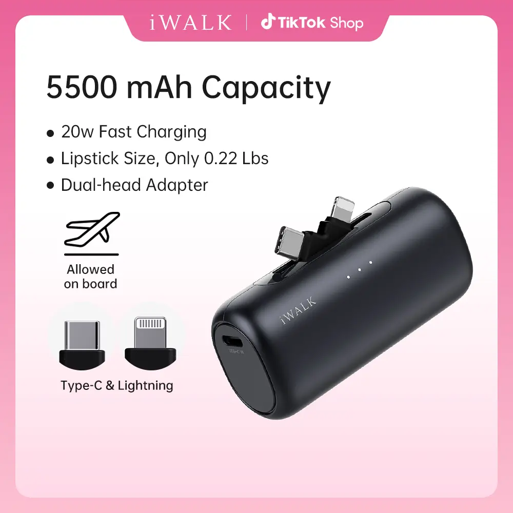 iWALK Plug USB Portable Power Bank, 5500mAh 2-in-1 USB-C&Lightning Plug, 20W Adaptive Fast Charging, 9 Safety Layers Protection, 2-Port Rechargeable Battery Power Bank for iPhones, Smartphones & Cellphones summerwins,summerwins,back to school tiktokshopba