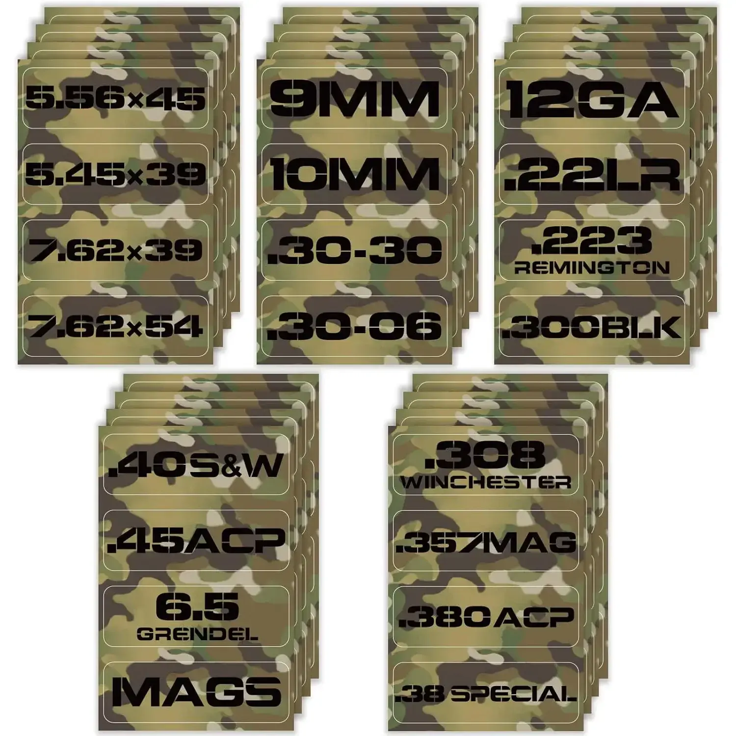 Camo Green Ammo Can Vinyl Sticker Set - 80 Pieces/20 Varieties Colorful 3x1 Inches Long-Lasting Caliber Decal Labels for Office Stationery Ammo Cans, 3 By 1 Inches
