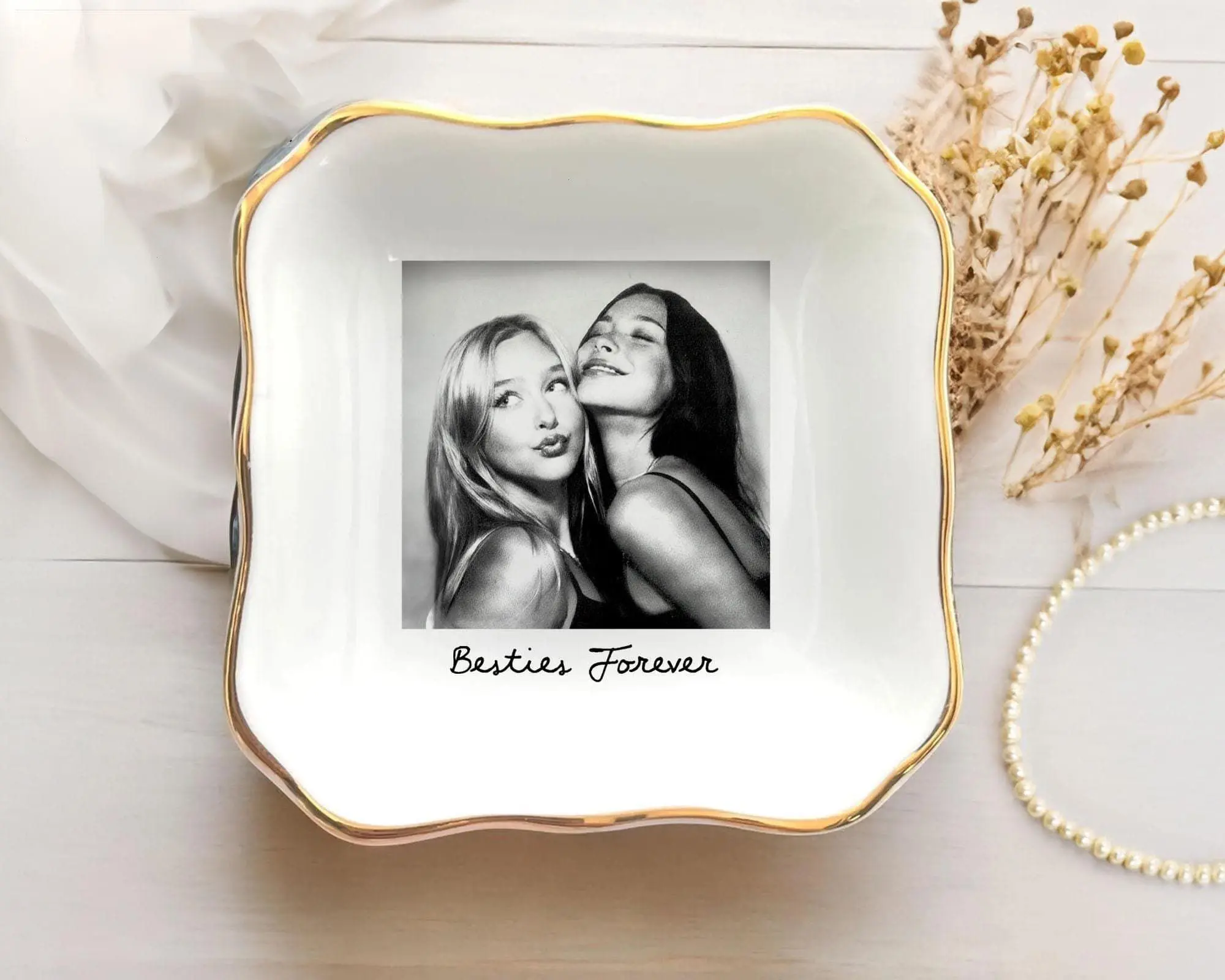 Personalized Bestie Photo Jewelry Dish: Ceramic Trinket Tray for Best Friend, Birthday Gifts For Bestie