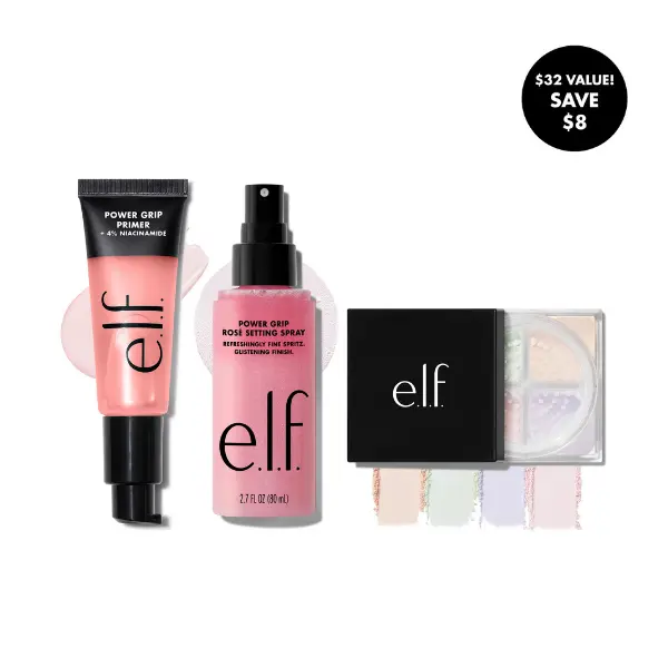 e.l.f. Prep, Set, Glow Trio - Grip Primer + Rosé Setting Spray + Brightening Powder Quad for Long-Lasting Radiance