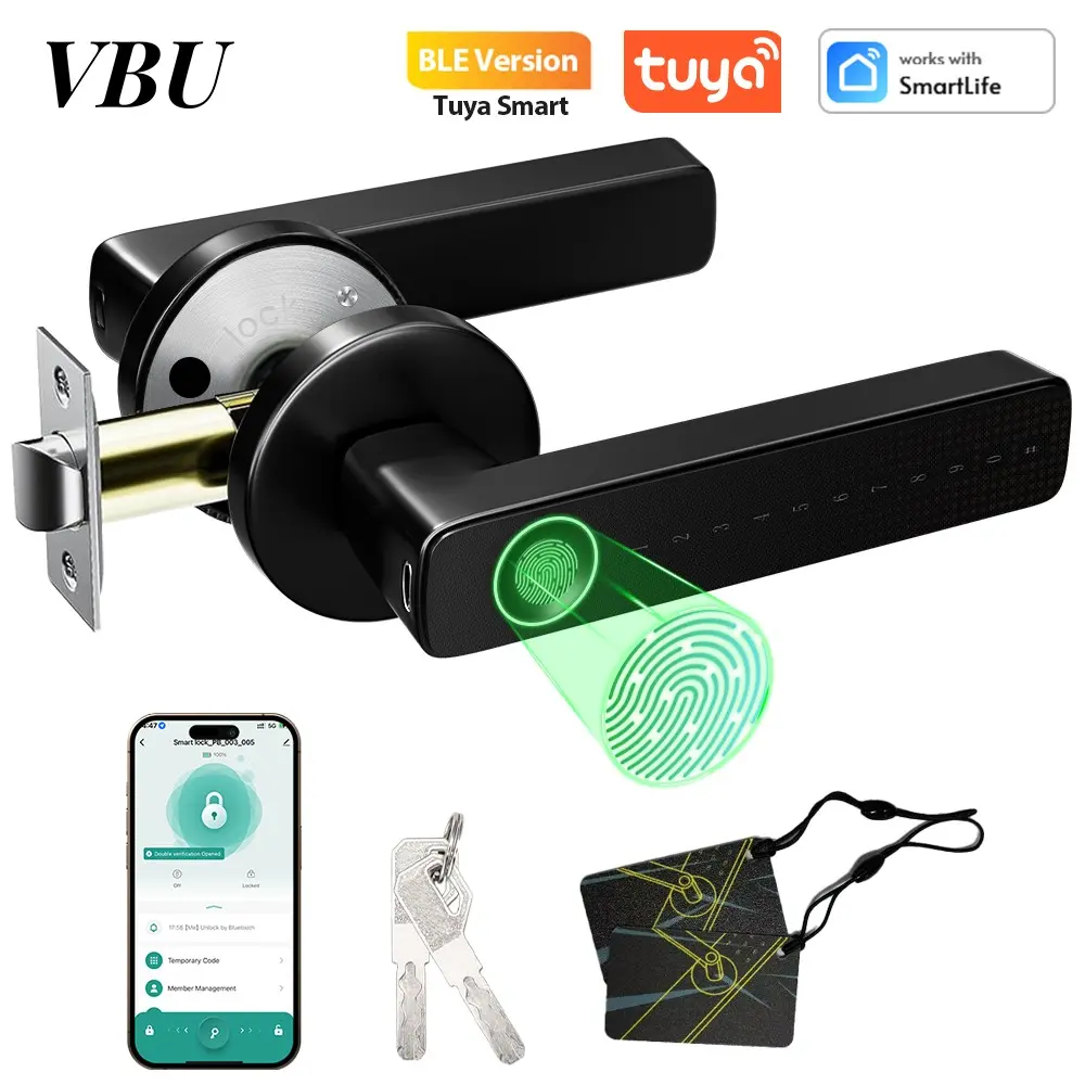Tuya Fingerprint Door Lock, Biometric Smart Lock, Keyless Entry Smart Handle with Password Smart Life App Remote Unlocking- Compatible with 30-50mm (1.18"-1.97") Thick Interior Doors for Home Bedroom Hotel Office Apartment