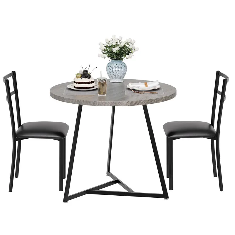 Contemporary Grey 2-Piece Round Scandinavian Dining Table Set - PU Leather Upholstered Ergonomic Chairs, MDF Top Wood Grain Compact Dinette, Adjustable Waterproof Easy-Assembly Furniture for Small Spaces, Dorms
