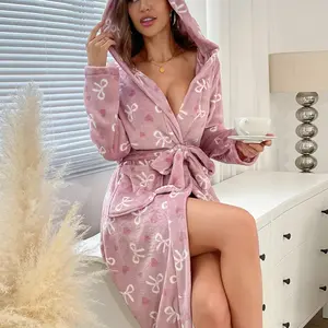 Women's full body white bow pink heart-shaped printed nightgown soft and comfortable, skin friendly with small pockets on both sides. Same belt, hood, thick robe, autumn and winter velvet warm home clothes for outdoor leisure and elegant vacation sleepwea