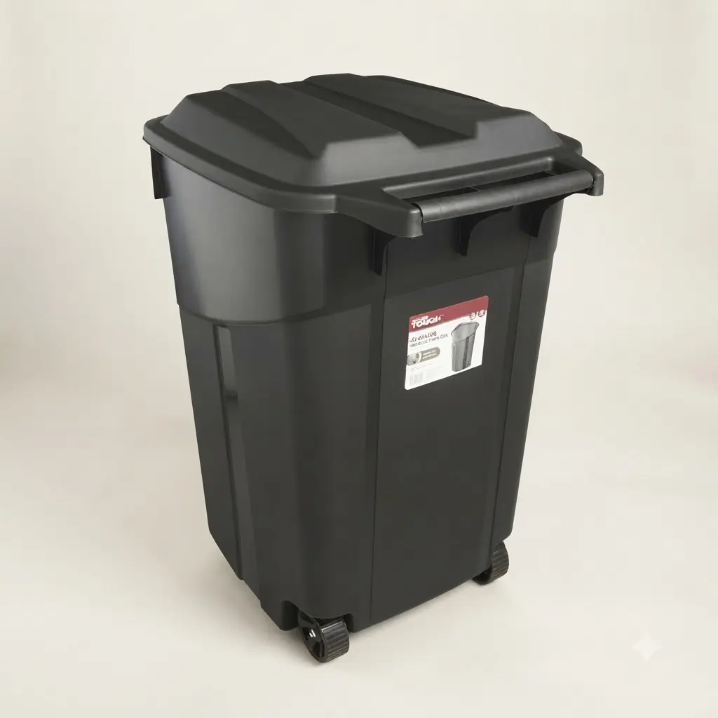 Hyper Tough 45 Gallon Wheeled Heavy Duty Plastic Garbage Can Black Attached Lid Outdoor Backyard Waste Trash Bin