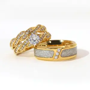 Lvrong Couple Rings Matching Rings Yellow Gold Plated 1ct Round AAA CZ 2pcs Women Wedding Ring Sets For Him And Her Ring Sets Men Titanium Steel Wedding Band