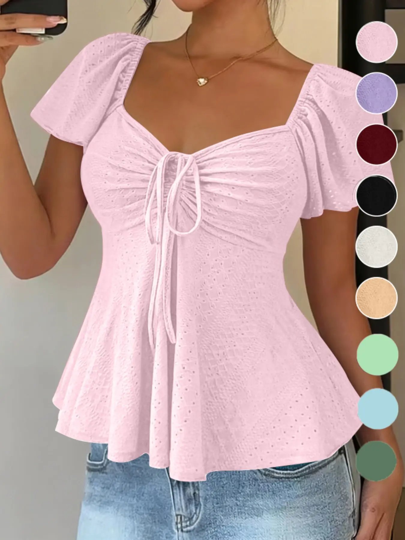 Women's Sweet Cute Style Breathable Lightweight Short Sleeve Top Blouse for Daily, Everyday Wear, Summer Casual Wear, Comfortable and Stylish Shirts