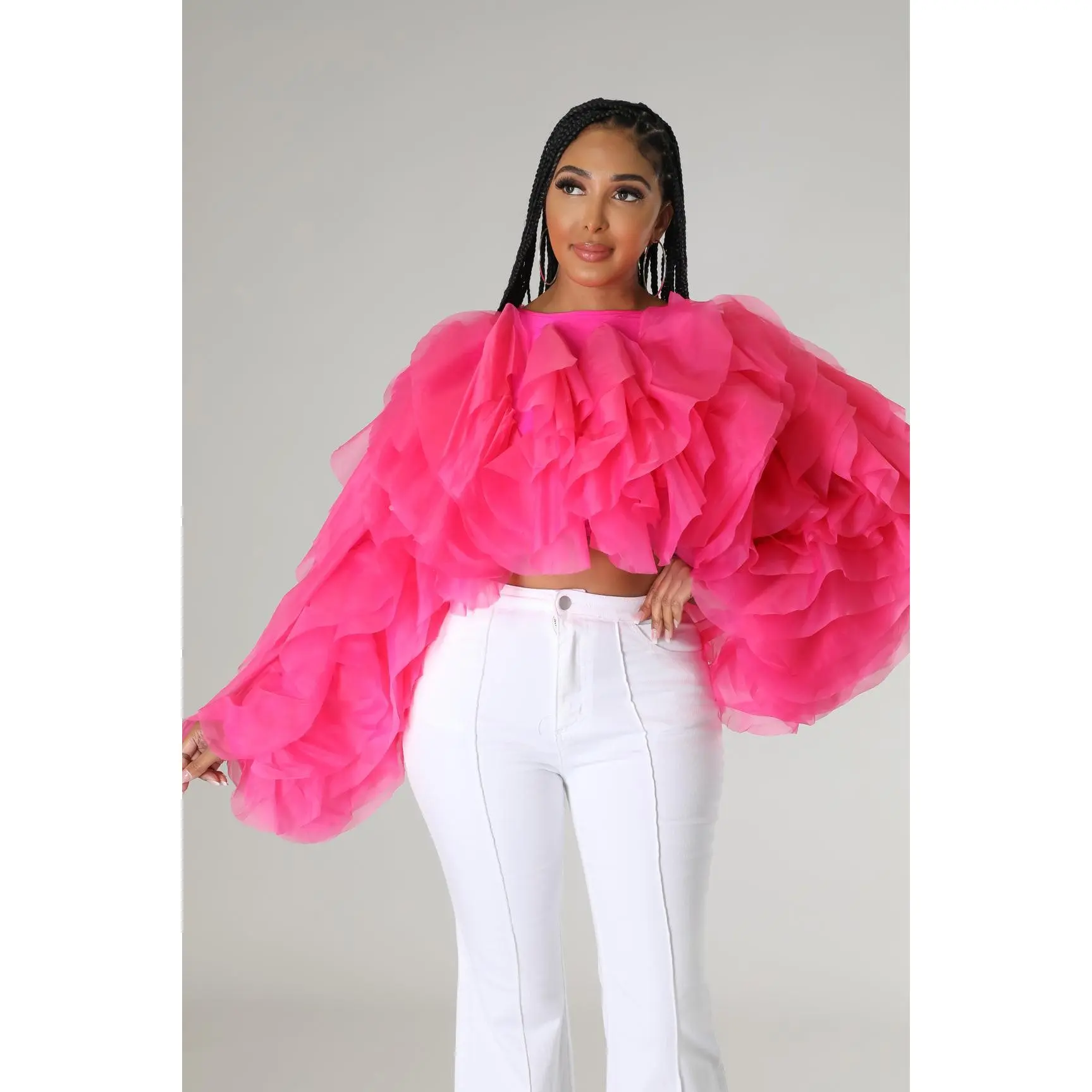Women Long Sleeve Ruffle Tulle Crop Top Blouse