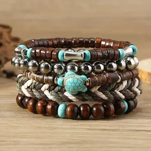 5 fashionable and creative green pine stone turtle wood bead woven bracelet set for Bohemian women's bracelet accessories