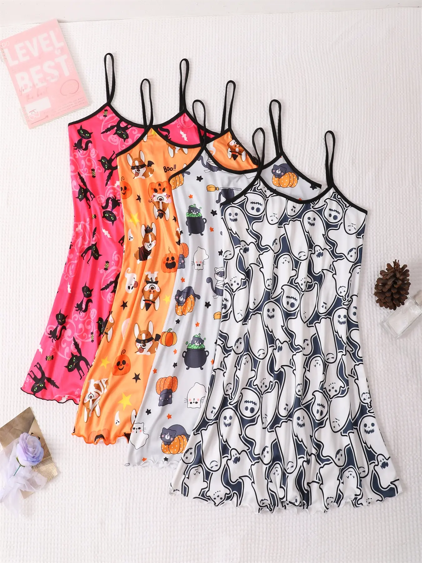 4-Piece Halloween Sexy Fitted Nightgown Set Nightdress Set Nighty Dress, Women's Lace-Up Backless Sleeveless Sleepwear Loungewear, Spooky Print Pattern, Comfortable & Stylish, Perfect for Halloween Parties