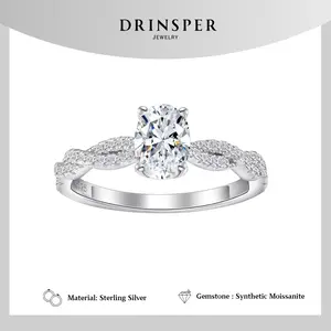 DRINSPER Twisted Oval S925 1.0ct Dvvs Synthetic Moissanite Sterling Silver Ring for Women Girls Suitable for Engagement Chrismas Gift for Girlfriend Jewelry Accessory