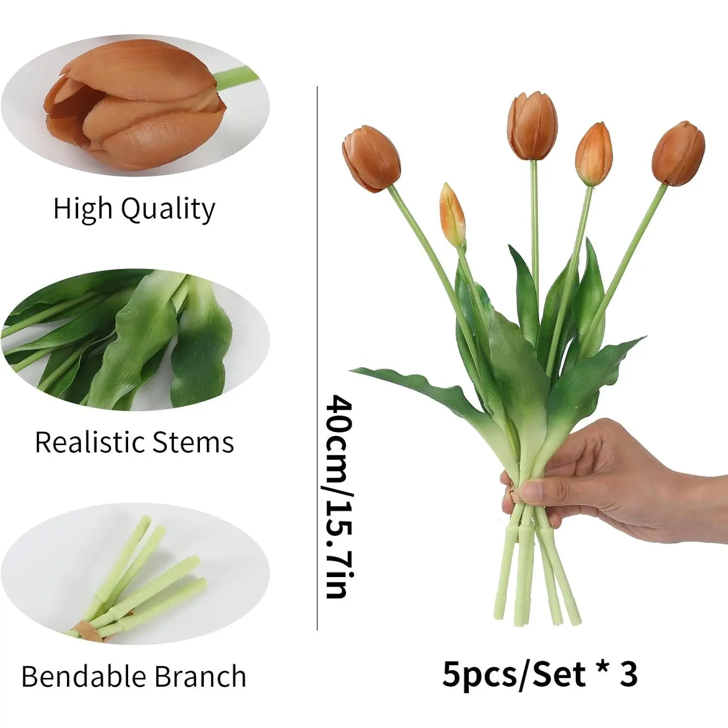 15 Pcs Coffee Artificial Flowers Tulips Real Touch Latex Plastic Soft Faux Bouquets for Party, Wedding, Home, Room, Garden Decor