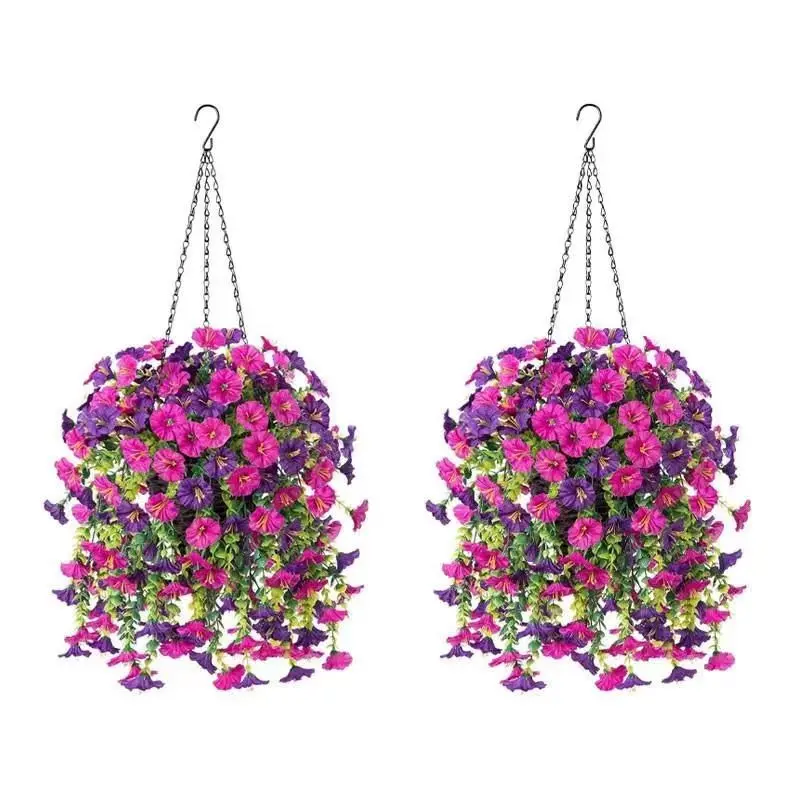 Sun Resistant PVC Artificial Morning Glory Hanging Basket Decoration, Outdoor Faux Flower Decor for Balcony Porch Garden Courtyard, Hanging Plant