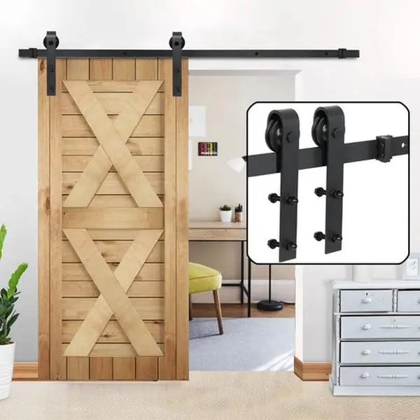 Segawe Sliding Barn Door Hardware Kit, 6.6FT Powder Coated Iron Track Rail, Silent Pulley, Pre-Drilled Holes, Modern Hang Style, Black Slide Door for Outdoor Use