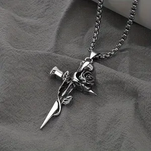 Gothic Vintage Thorns Rose Cross Pendant Chain & Link Necklace - Fashion Alloy Sweater Accessory