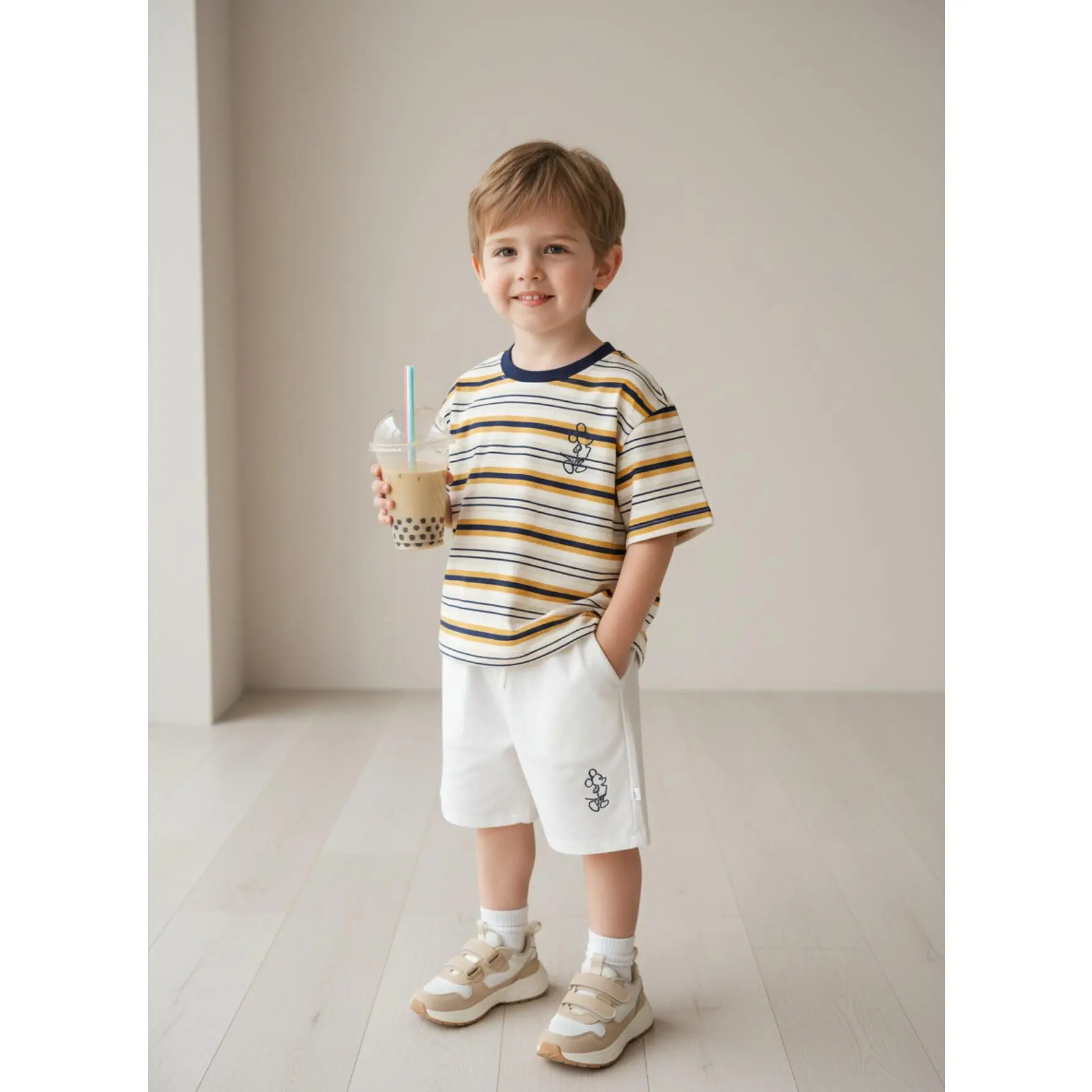 NEWBoys' summer striped two-piece set with Mickey embroidery short sleeved T-shirt and casual shorts, breathable and comfortable set for, Perfect for Outdoor