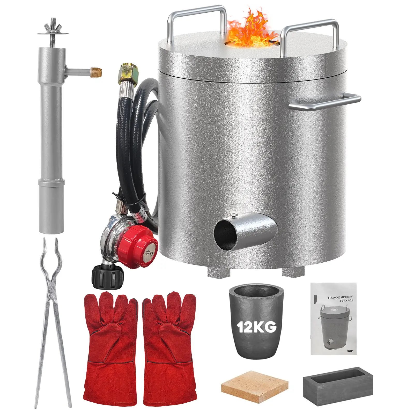 12KG Large Crucible Capacity Propane Melting Furnace Kit, 2700°F High-Temperature Metal Casting Solution for Gold Silver Copper Aluminum, Professional Foundry Heater for Jewelers & Artists, Includes 0-30 PSI Regulator, Crucible & Gloves