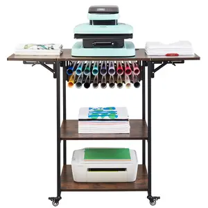 VEVOR 3-Tier Movable Heat Press Table Stand with Foldable Legs, Foldable Rolling Metal Workbench with Wheels, Vinyl Roll Holder and Organizer, for Sublimation Transfer Machines, Brown