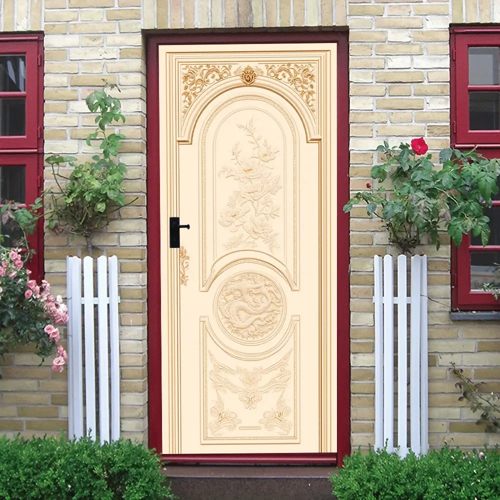 2pcs European Style Carved Door Wall Sticker Relief Self Adhesive Decorative Sticker Living Room Entrance Background Wall Mural PVC Waterproof Removable Classical Pattern Door Decal Peony Dragon Combinat