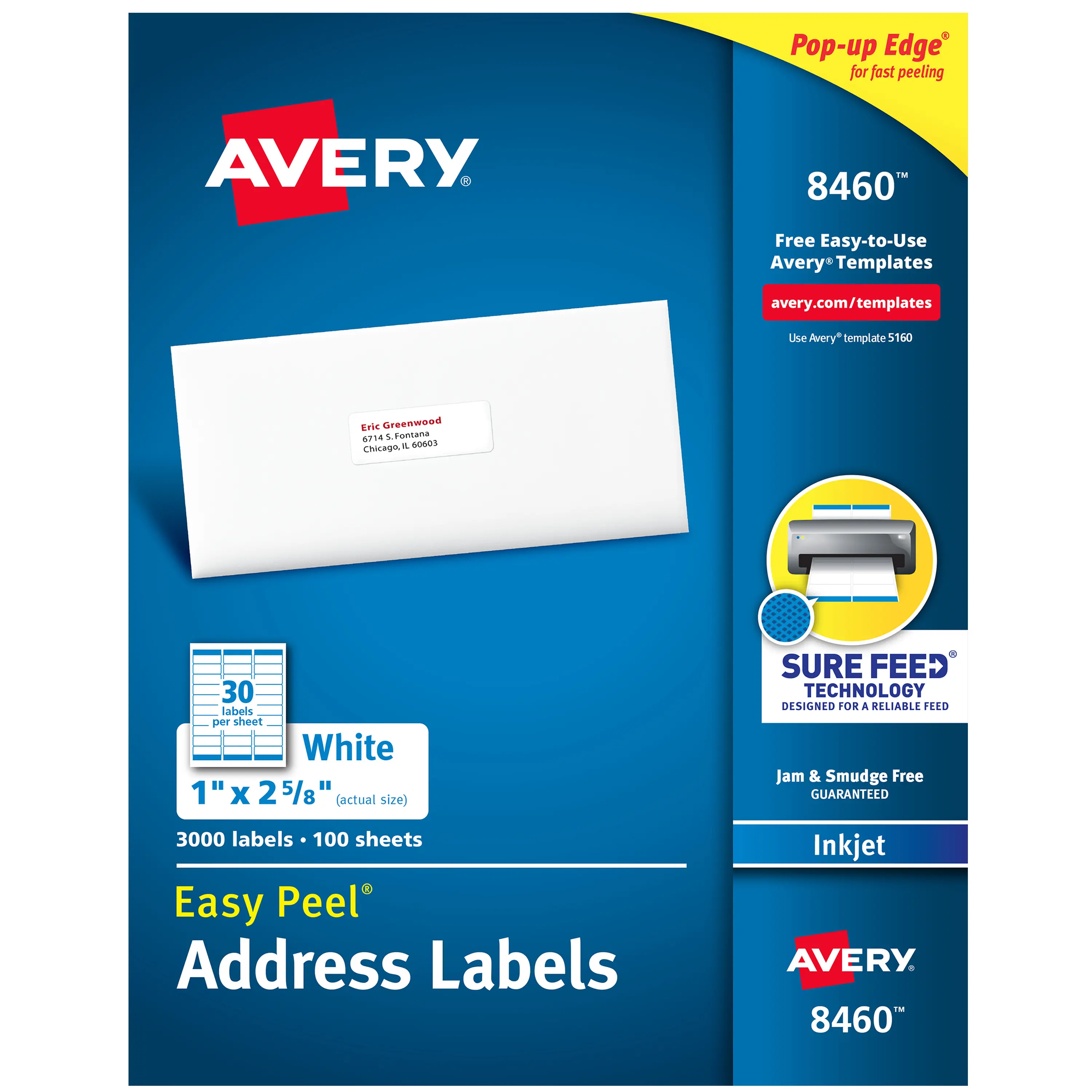 Avery Easy Peel Printable Address Labels with Sure Feed, 1"x2-5/8" Personalized Stickers, White Office Accessories, 3000 Blank Mailing Labels (8460) for Mailing, Shipping, Includes Labels
