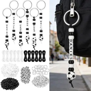 1Set Bulk Soccer Party Favor Supplies - DIY Soccer Keychain Craft Kit with Number & Letter Beads, Ribbons, Plastic/Metal Beads Suitable for Parties, Team Events, Soccer Gifts