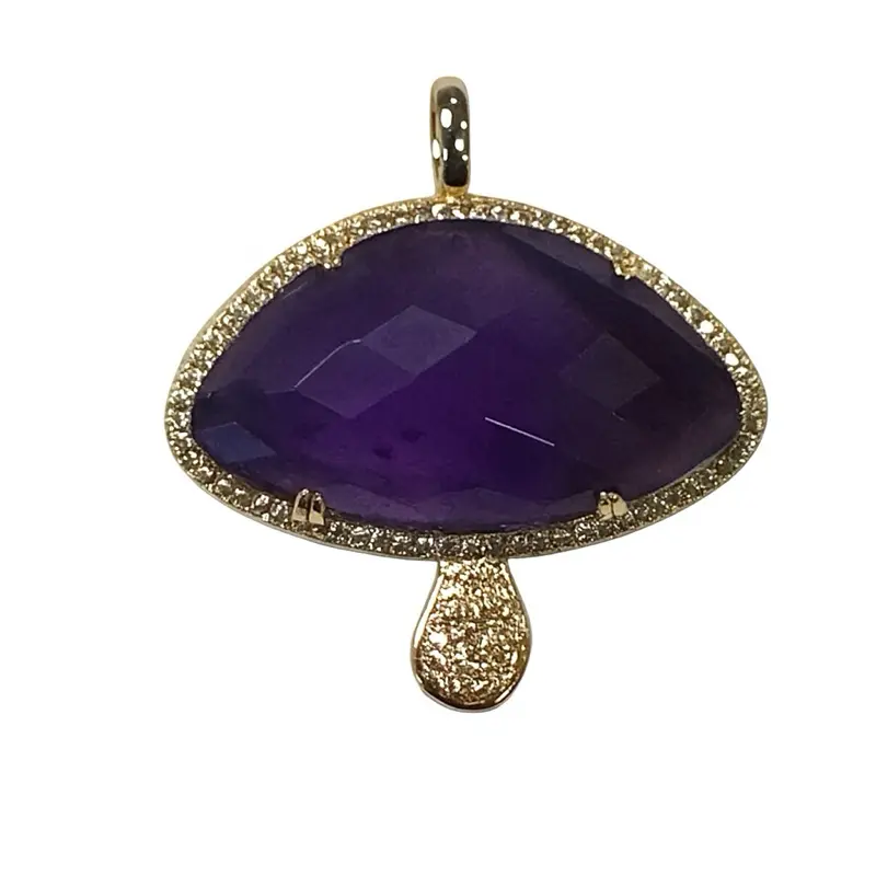 Unisex Droplet Pendant Necklace - Gold-Plated Edge, Natural Stone Mushroom Charm, Teardrop Design Elegant Costume Jewelry for Daily Wear, Mushrooms Charm, Charms & Pendants
