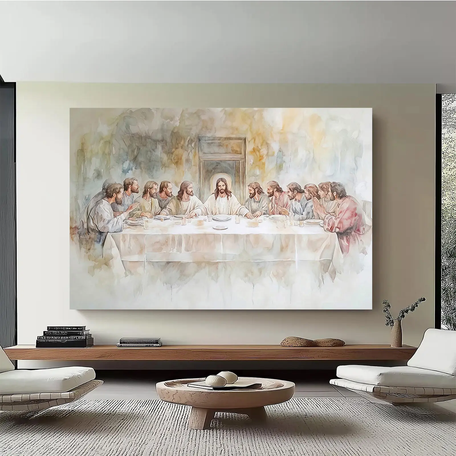 Watercolor Soft-Style The Last Supper Wall Art, Decorative Serene Faith Decor for Christian Dining Room, Minimalist French Country Spiritual Ambiance Universal Religious Home Ornament Poster
