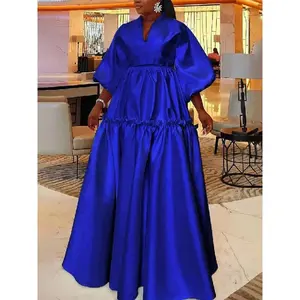 Women Minimalist Solid Color Puff Sleeves Falbala Party Evening Dress  New Spring Autumn Loose Casual Maxi Dresses