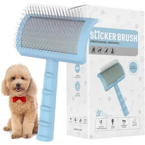 Slicker Brush for Poodles and Goldendoodles - Curved Brush for Thick, Fluffy, Shedding  on Dogs and Cats - Soft, Gentle Pins for Grooming (Blue)