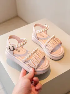 Toddler Little Girls Ruffle & Pearl Platform Sandals, Adjustable Buckle Soft Non-Slip Sole Summer Shoes, Kids Casual Outdoor Beach Flats