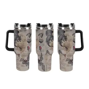 Night Fury Dragon Sketch Car Tumbler,Vintage Style Insulated Travel Tumbler,Stainless Steel Leak Proof Cup For Car,Fits Most Car Cup Holders,Perfect Gift For Dragon Fans
