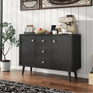 Gaomon Contemporary Fluted-Look Sturdy Engineered Wood Sideboard Buffet Cabinet - Slim Profile Storage Cabinet with 3 Drawers, Adjustable Shelves, Space-Saving Accent Furniture for Kitchen, Dining Room