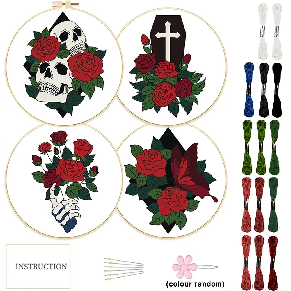 4counts Dark Gothic Halloween Embroidery Design Set - Embroidery Craft - fabric decoration painting with skull and rose patterns - includes 1 embroidery hoop - suitable for beginners and sewing enthusiasts - decorations