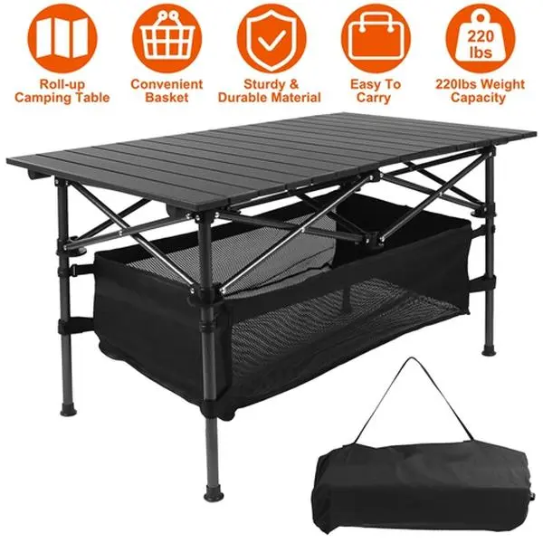 Portable Foldable Aluminum Outdoor Picnic Table - Lightweight Roll-Up Collapsible Camping Furniture, Heavy-Duty with Carrying Bag for Backyard, Garden
