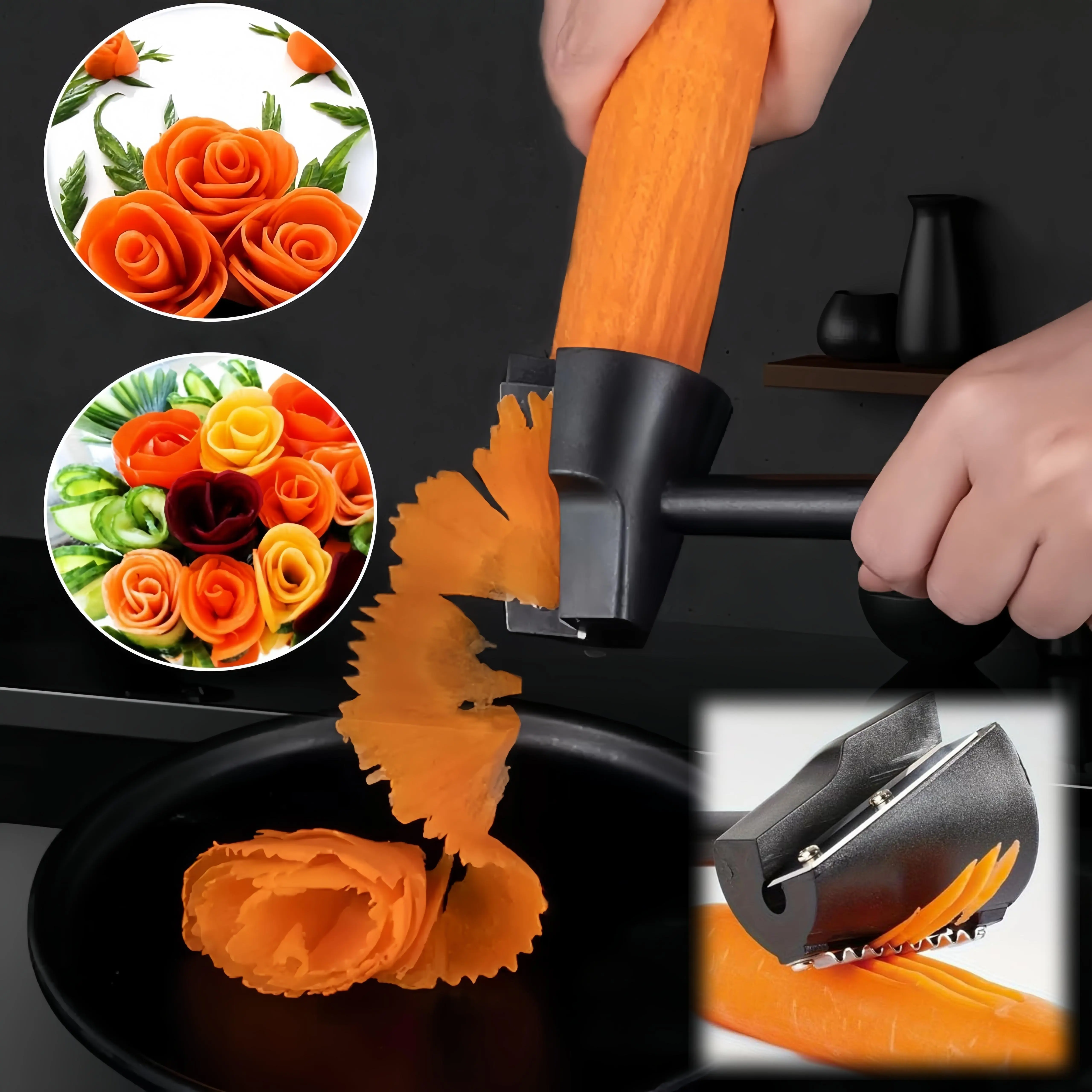 Carrot Curler and Peeler, Black Carrot Spiral Shred Slicer Root Vegetables Fruits Slicer Sharpener Garnishing Tool (Plastic)