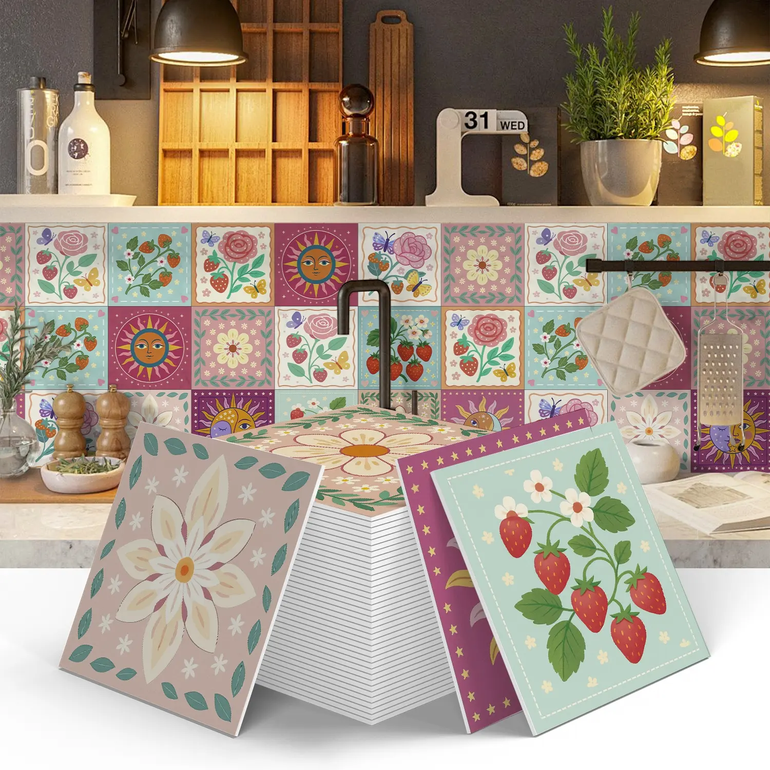 12/24pcs Multi Pattern Floral Tile Sticker, Waterproof Wall Sticker, Removable Sticker for Kitchen, Bathroom, Living Room Decor, Waterproof Wall Decal