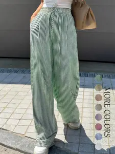 Women's Striped Print Drawstring Waist Wide Leg Pants, Casual Pocket Trousers for Summer, Fashion Women's Bottoms for Daily Wear Womenswear