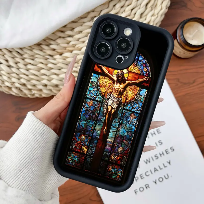 Compatible for iPhone11/12/13/14/15/16/17/promax/x/xs/xr/xsmax Case Stained Glass Crucifix  Soft TPU Shockproof Protective CASE, Cover, Accessories, Smartphone, Cellphone
