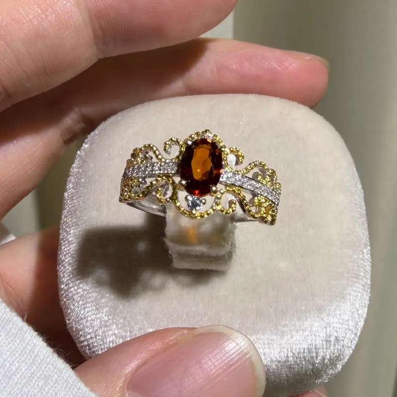 Women's S925 Sterling Silver Gold-Plated Engagement Ring, Adjustable Size, 5*7mm Natural Citrine Gemstone, Elegant Luxurious for Brides, Ideal for Daily Wear & Parties