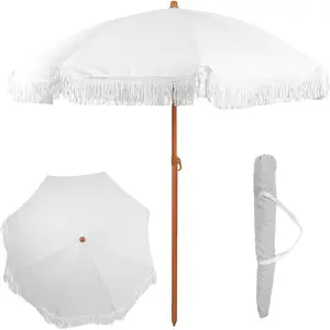 6 Ft Fringe Patio Umbrella - Outdoor Umbrellas for Patio, Pool, Table, Garden, Deck, Beach, and Outdoors - Fashionable Boho  Tassels &  Print - Push Button Tilt Pole