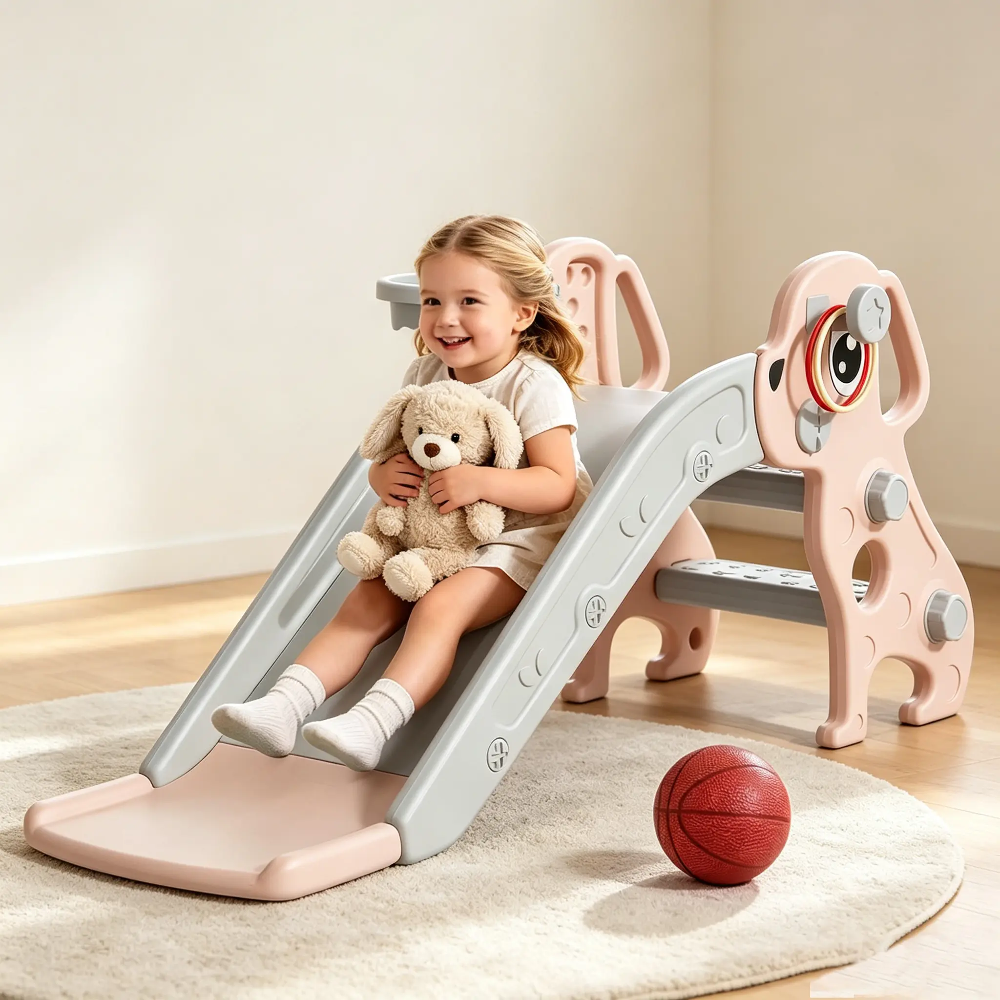 BIERUM 4-in-1 Puppy Shaped Toddler Slide Playset - Kids Toys, 120 lbs Capacity, Indoor-Outdoor Playground Equipment with Basketball Hoop, Ring Toss, Pink Gray Gifts for Age 1-3