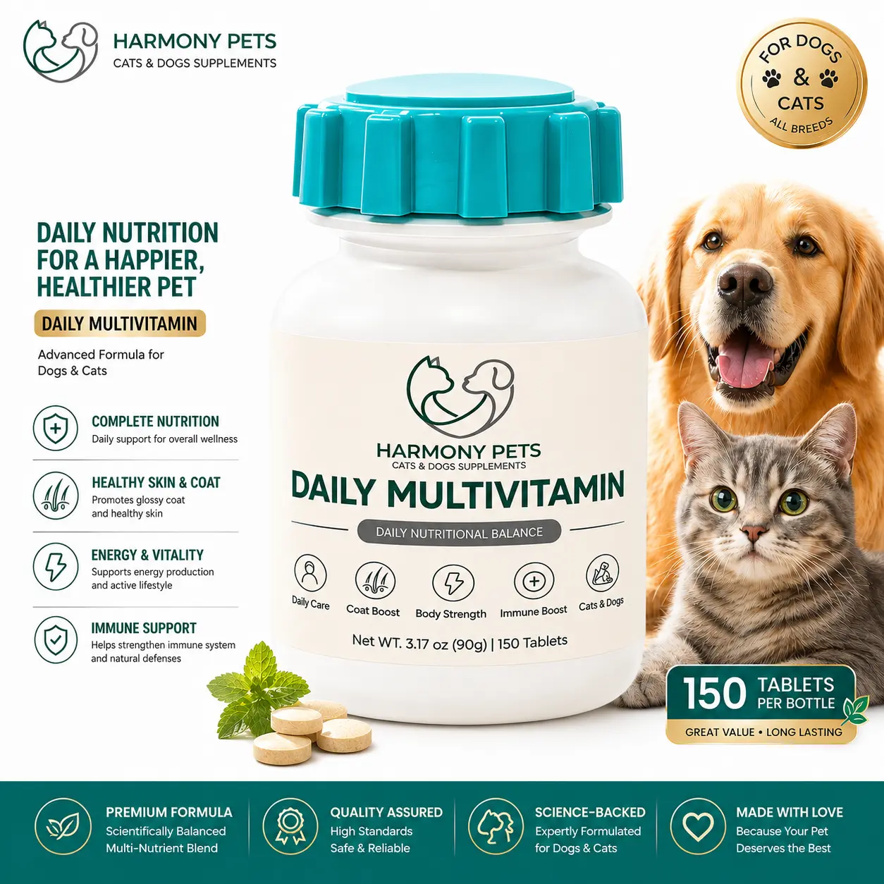 Harmony Pets Daily Multivitamin Canine Nutritional Supplement for Dogs & Cats - 150ct Tablets for Immune Support, Skin & Coat Health, Energy - All Breeds & Ages