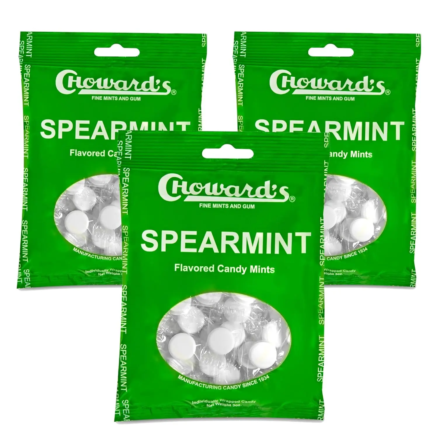 Choward's 3oz Spearmint Candy Bags 3 Pack | 49 Pieces Individually Wrapped Candy Mints | Nostalgic Spearmint Candy Bags | Perfect for Snacks in Lunchboxes, Pockets, Goodie Bags, and Birthday Parties