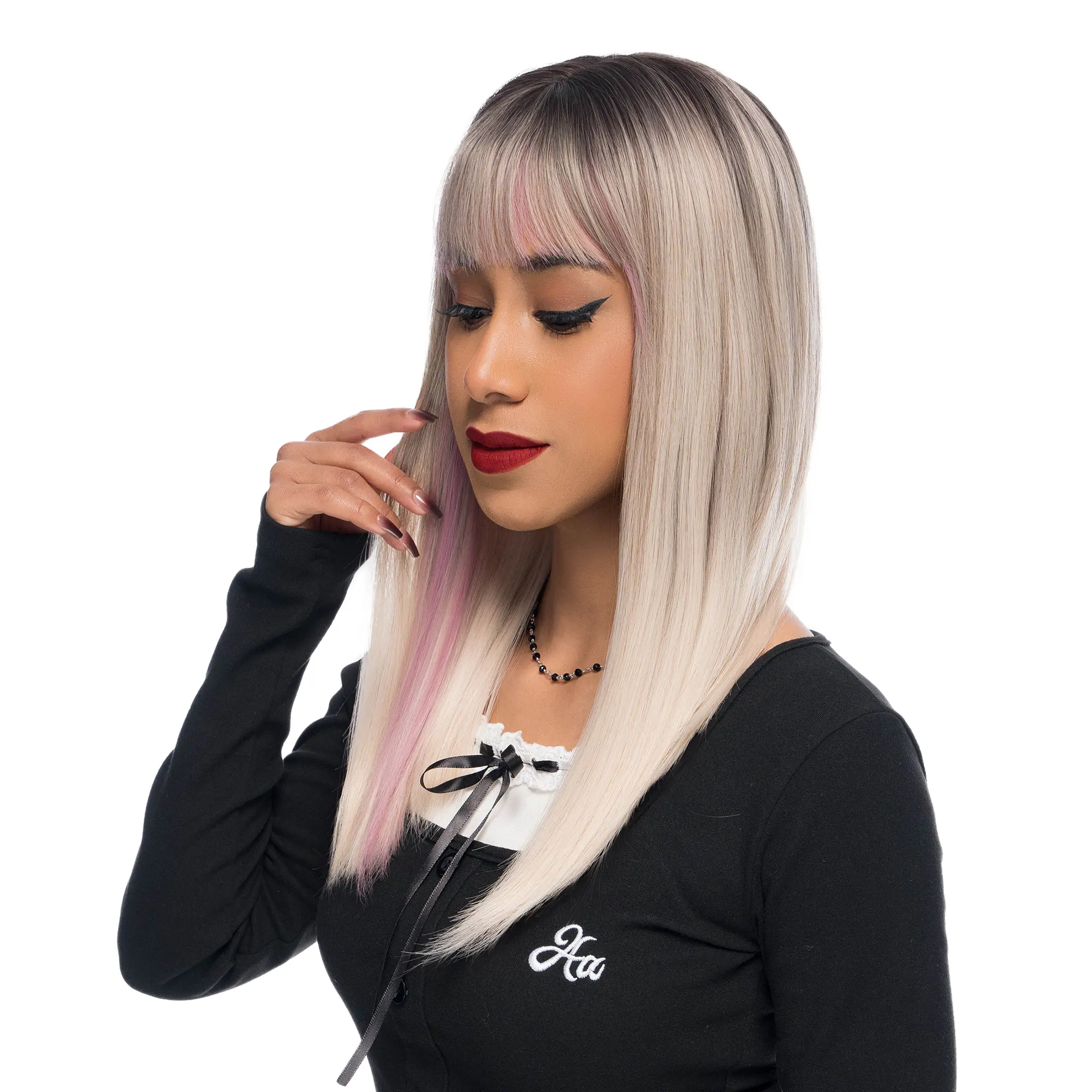 18-Inch Platinum Blonde Ōmbre (Dark Roots, Pink Underlights) Straight Synthetic Wig | 【Heat Resistant】【Cap Included】 | 51FSGB