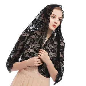 Floral Veiled Scarf with Lace Trim, Large Shawl, Headwear, Mantilla
