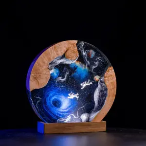 Astronaut and The Black Hole Figurines - With LED Light Inside - Resin and Wood Art- Personalized Gifts