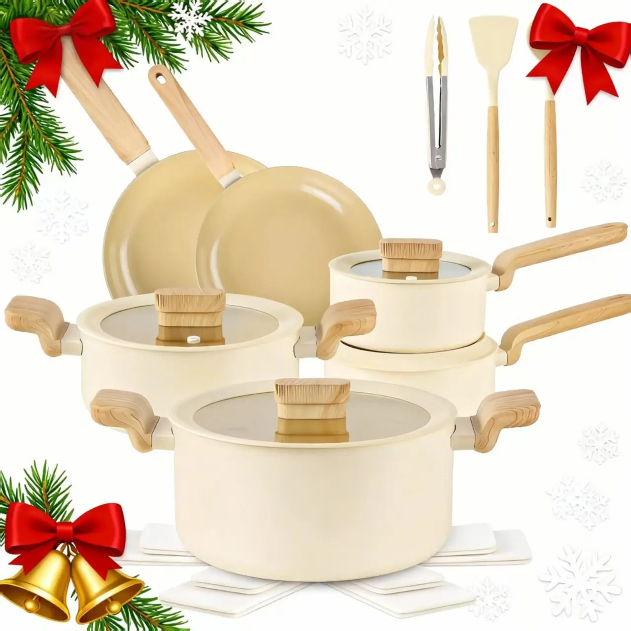 MGKKT 17-Pcs Non-Stick Hexclad Design Cookware Set - Durable, Easy Clean, Includes White Wooden Dutch Oven, Ideal for Home Gatherings, Professional Cooking Pans