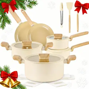 MGKKT 17-Pcs Cookware Set Non-Stick Coating Durable Easy to Clean Hexclad Design Perfect for Home Gatherings & Professional Kitchens White Wooden Dutch Oven Cooking Pans Set