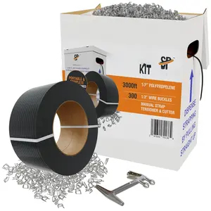 Portable Strapping Kit with 3000  of 1/2" Plastic Poly Strapping, 300 Steel Banding 1/2" Clip Seals, Hand Tensioner & Strap  Tool - Lightweight Shipping Banding Strapping Kit
