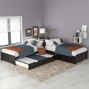 L Shaped Bed Twin Corner Bed with Storage Drawers Linked with Built-in Desk, Wooden Twin Platform Bed with Trundle for 3  Teens Adults (Twin Size）